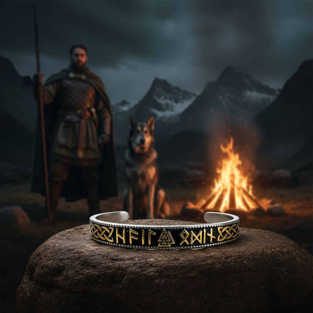 Men's Cuff Bracelet with Viking Valknut and Rune Symbols with Gold Details