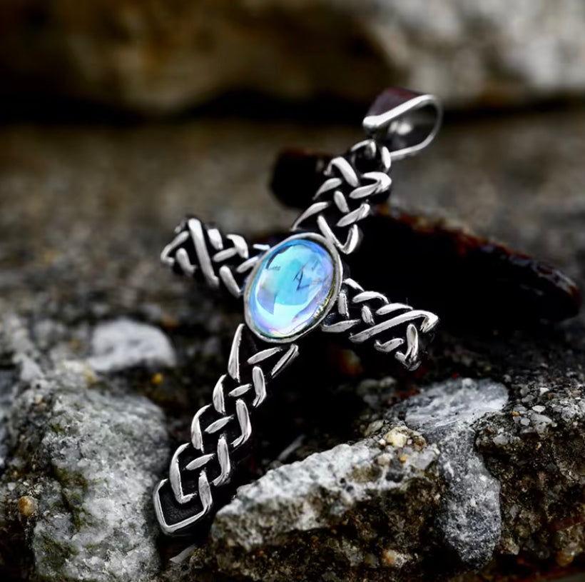 Celtic Knot Cross with Center of Soft Blue Opalite Pendant