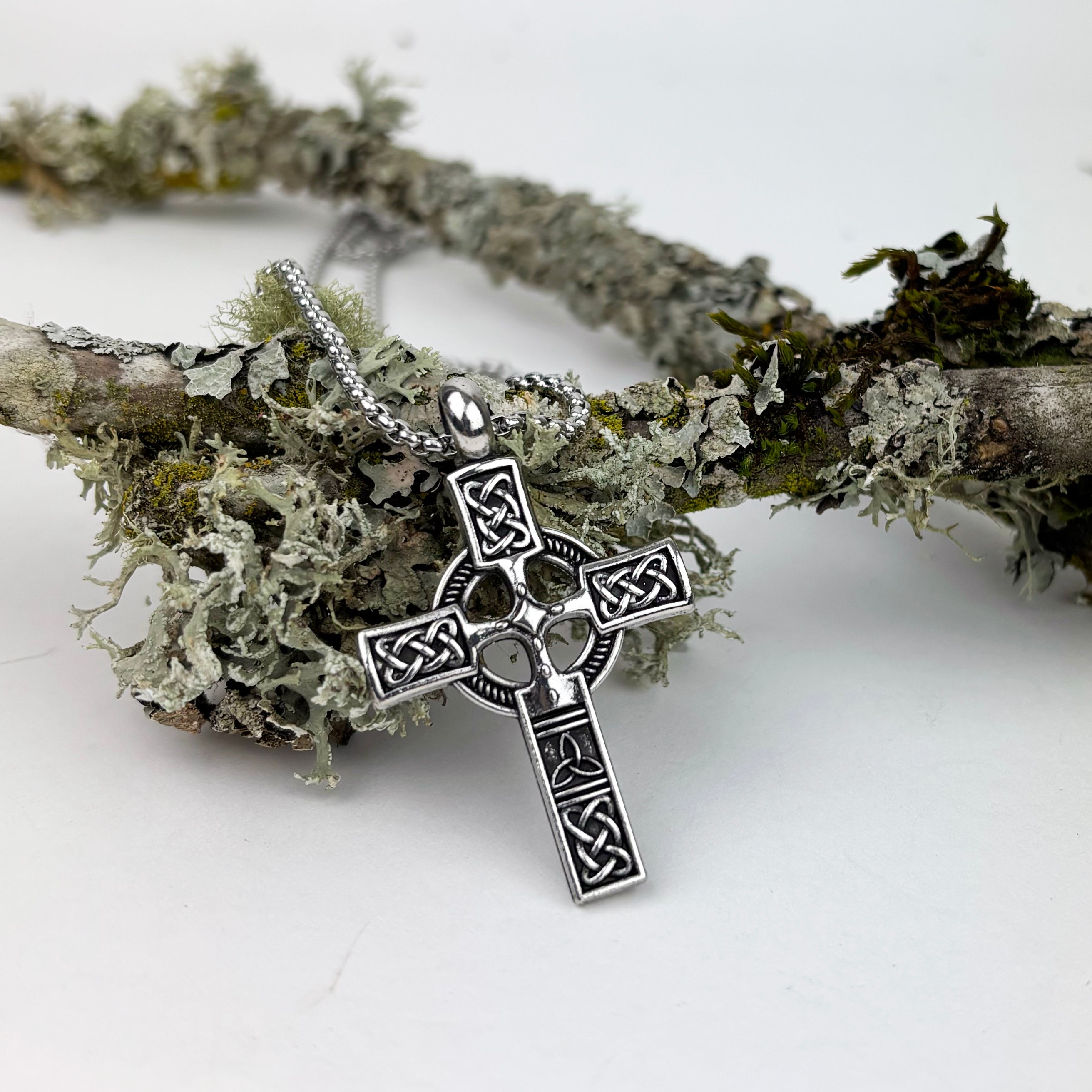 Medium Celtic Cross with Celtic Knots in Stainless Steel