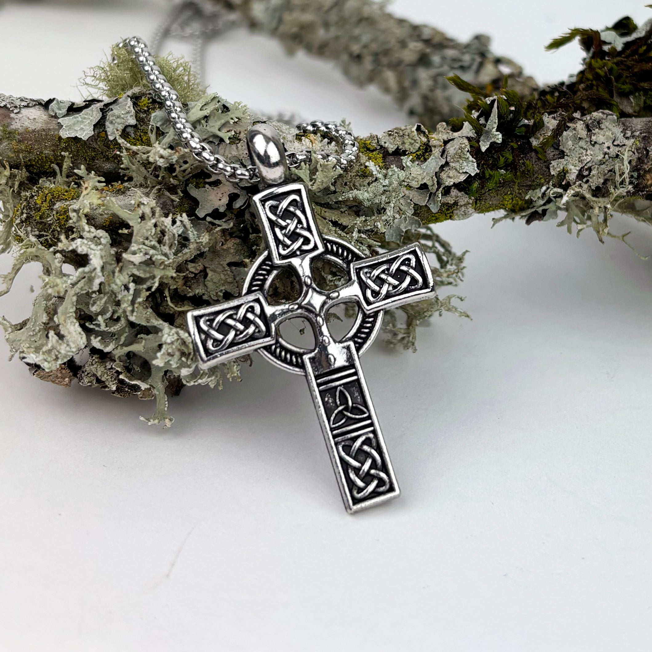 Medium Celtic Cross with Celtic Knots in Stainless Steel