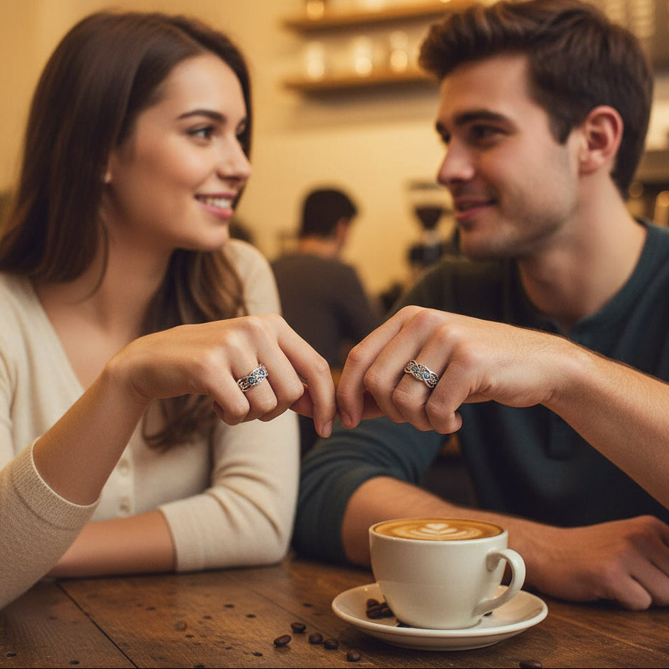 Open Celtic Knot with Faceted Teal Accents Band
