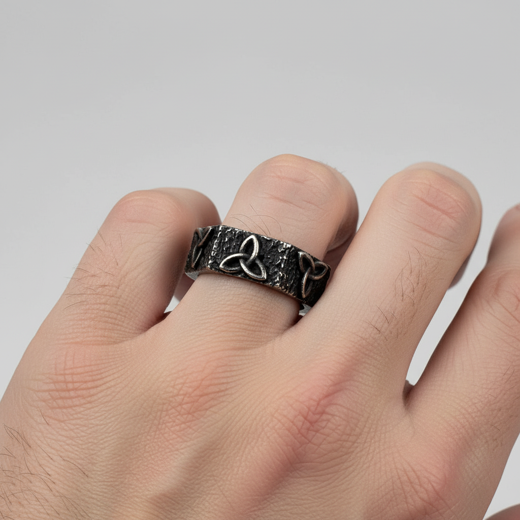 Hammered Octagon  with Trinity Knot Ring