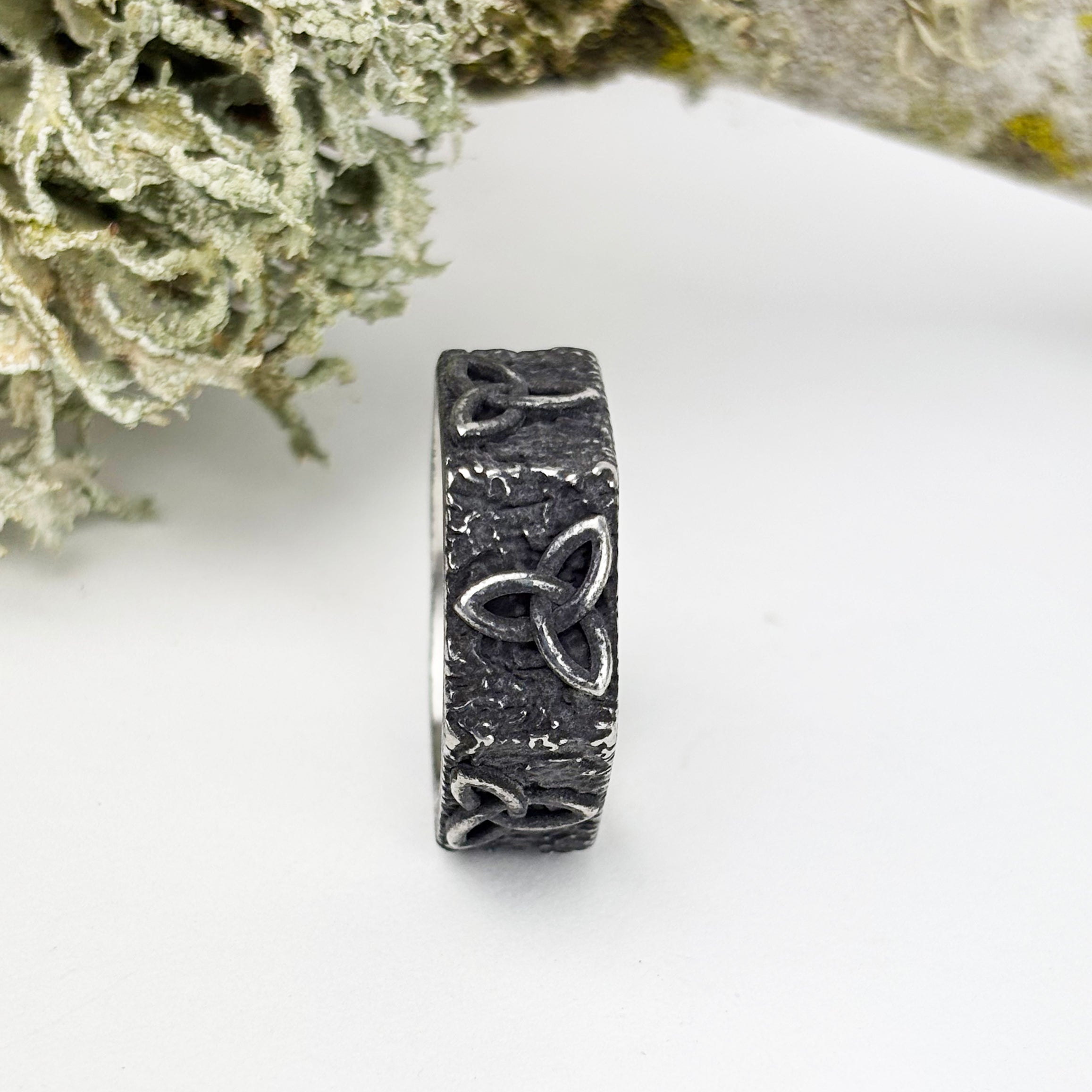 Hammered Octagon  with Trinity Knot Ring