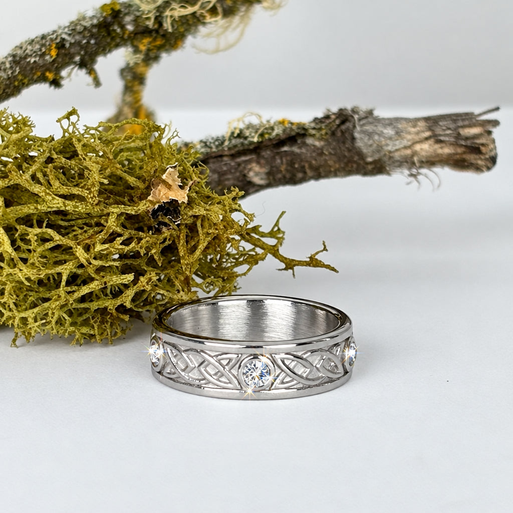 Our Exclusive! Celtic Knot and Faceted Crystals Band Ring