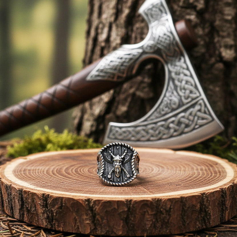 Oden's Viking Warrior with Crossed Axes Ring