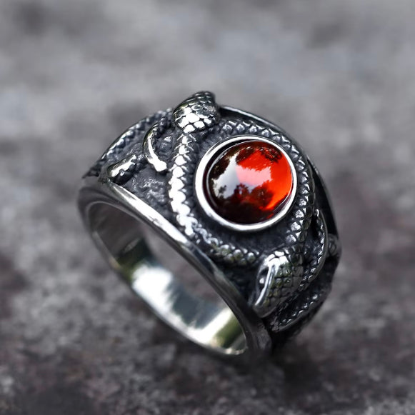 Double Snake Circle a Red Stone Ring