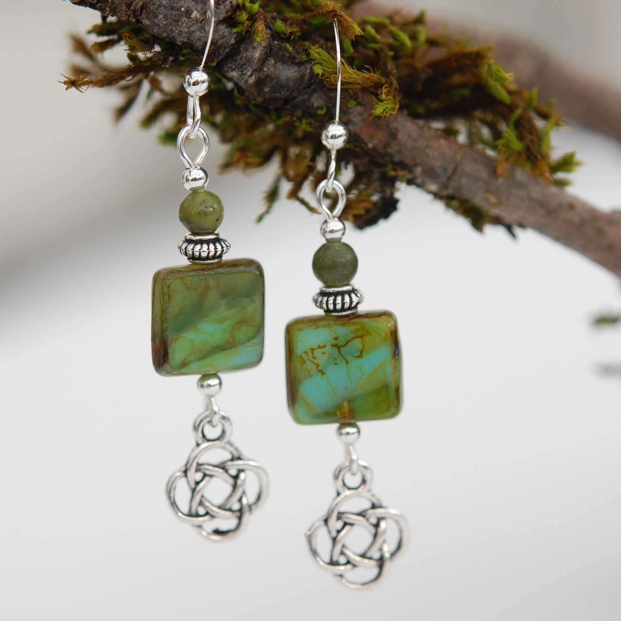 Green Garnet with Picasso Tile and Round Celtic Knot Drop