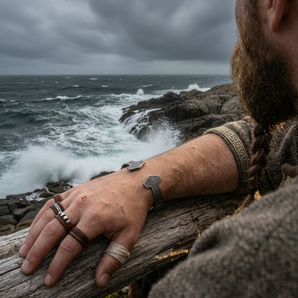 Ancient Weathered Torc Men's Bracelet with Rune Symbols