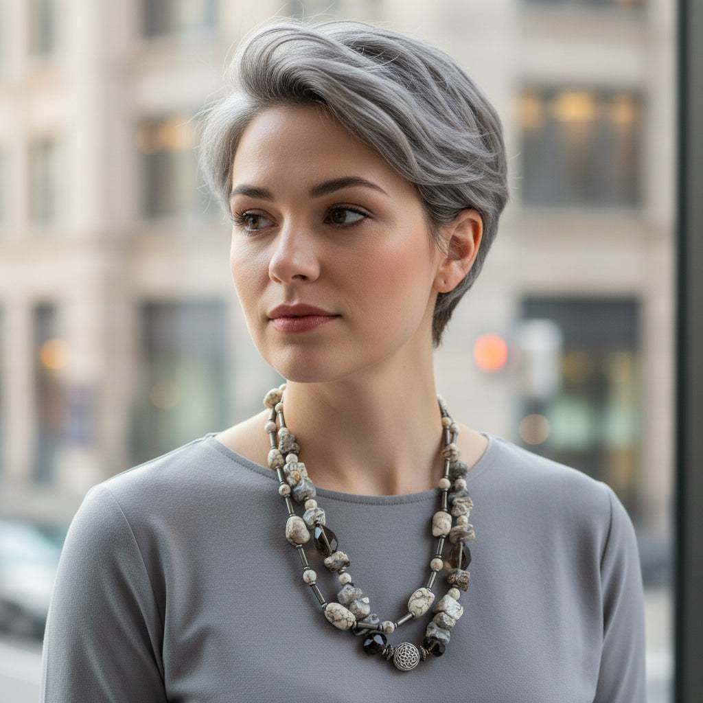 Freeform Smoky Quartz with Howlite Double Strand Necklace