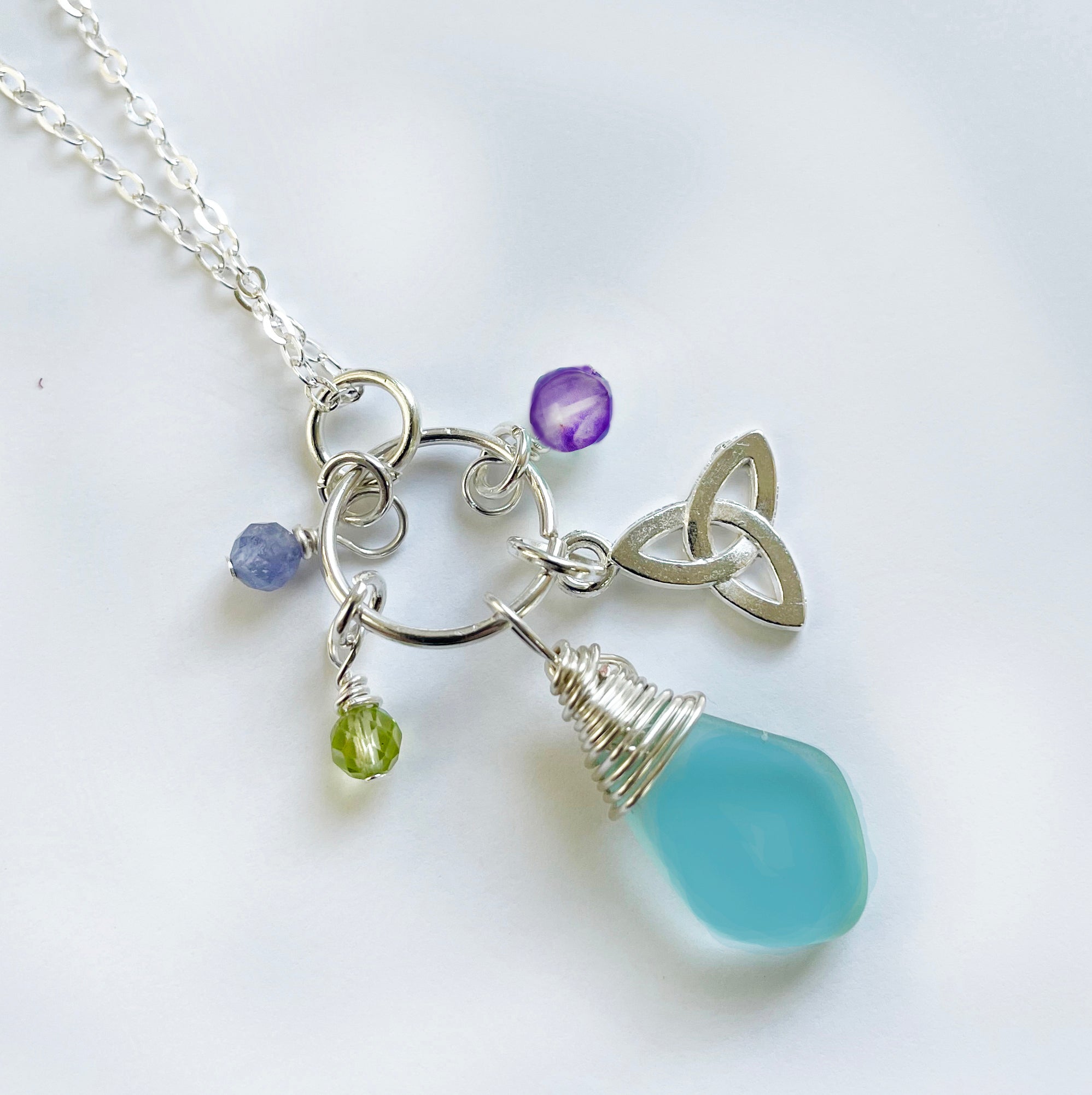 Pebble Sea Glass with Faceted Gemstones Pendant