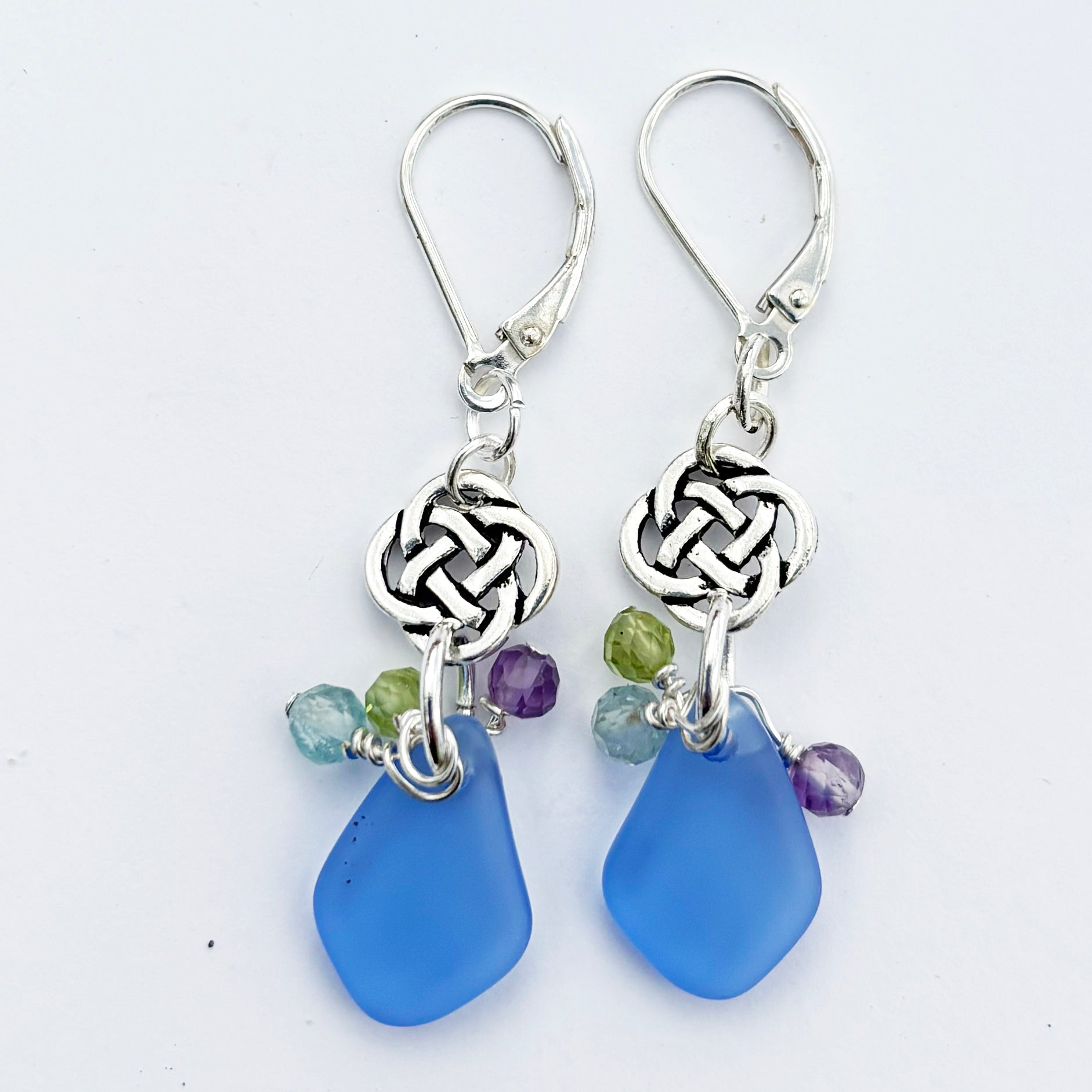 Small Round Celtic Knot with Pebble Sea Glass Earrings with Gemstones