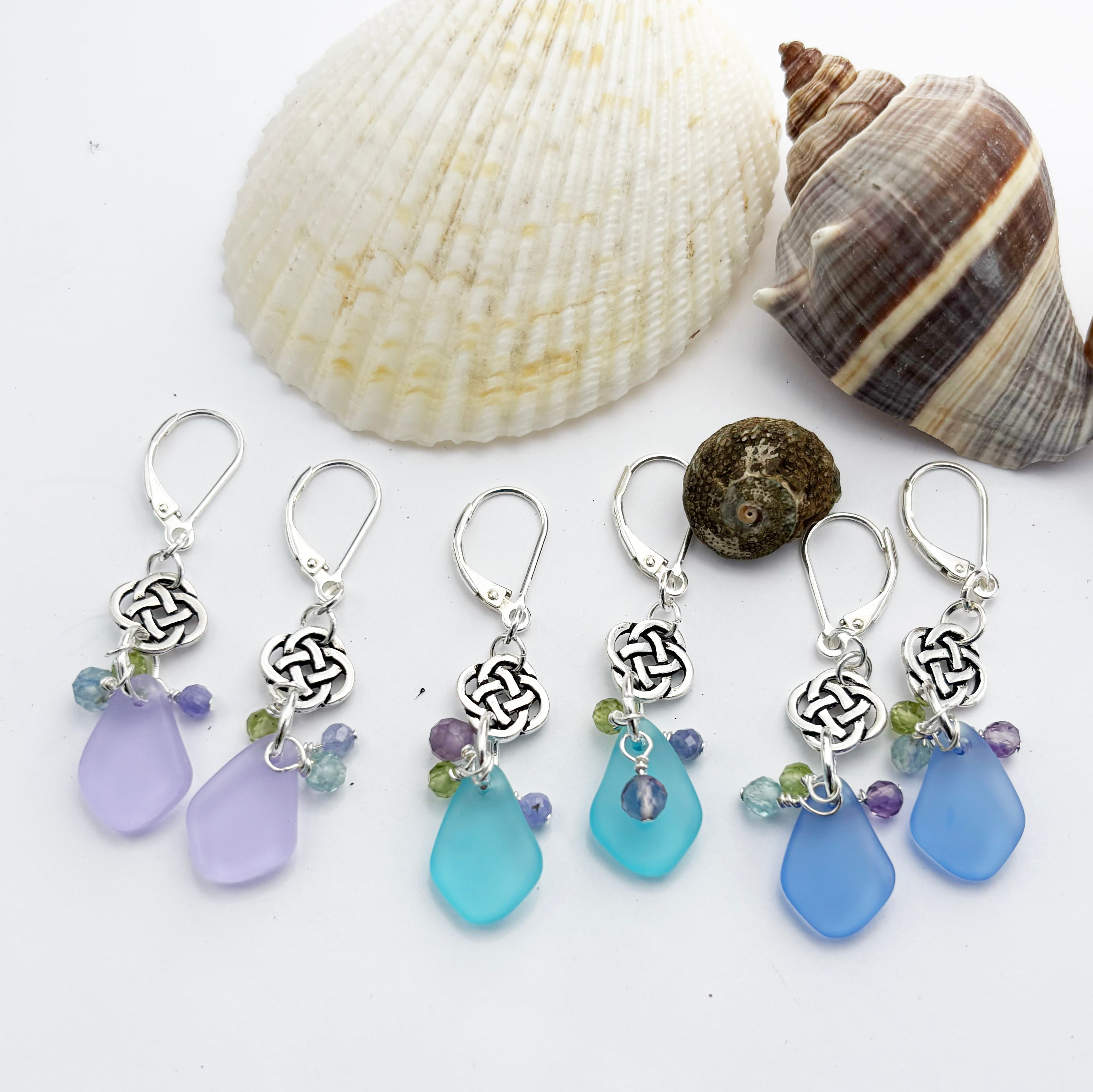 Small Round Celtic Knot with Pebble Sea Glass Earrings with Gemstones