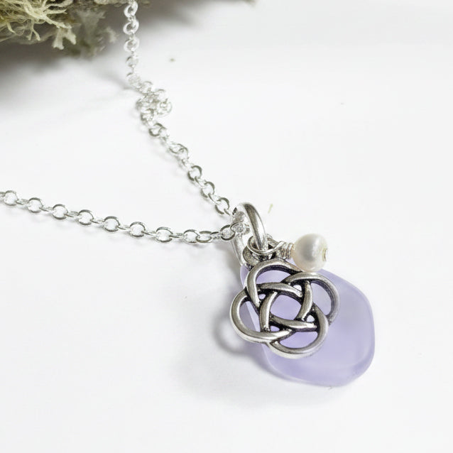 Small Sea Glass with 10mm Round Knot and Freshwater Pearl