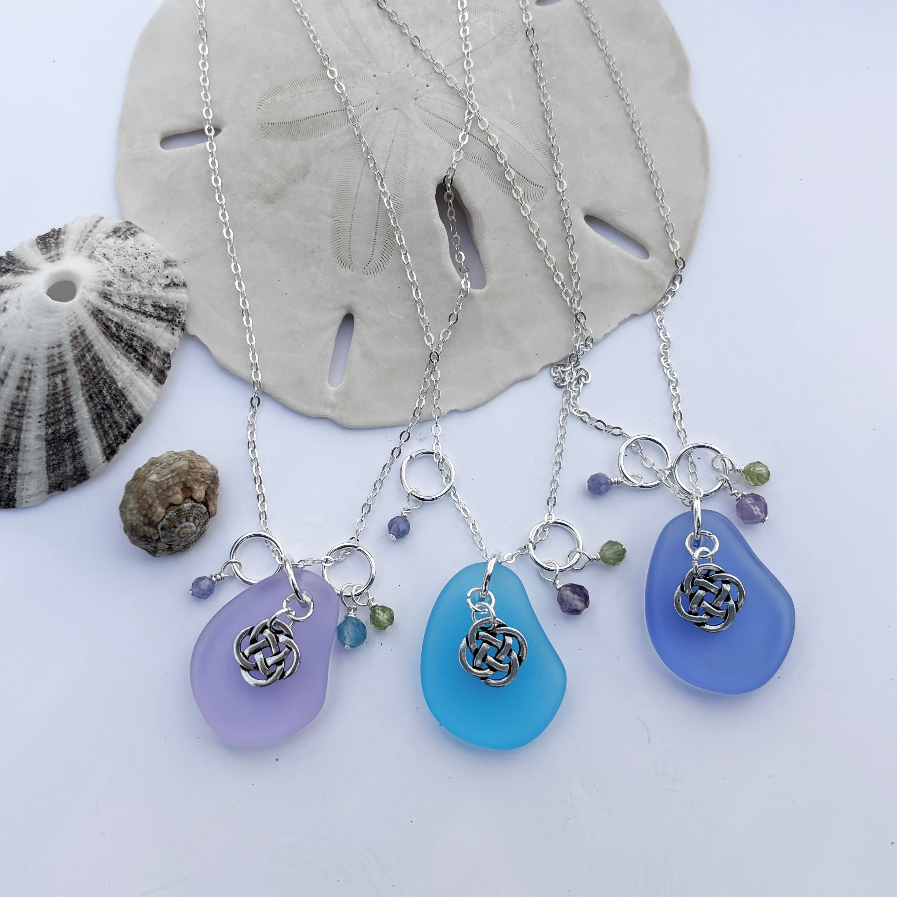 Small Round Celtic Knot with Sea Glass and Real Faceted Gemstones Pendant