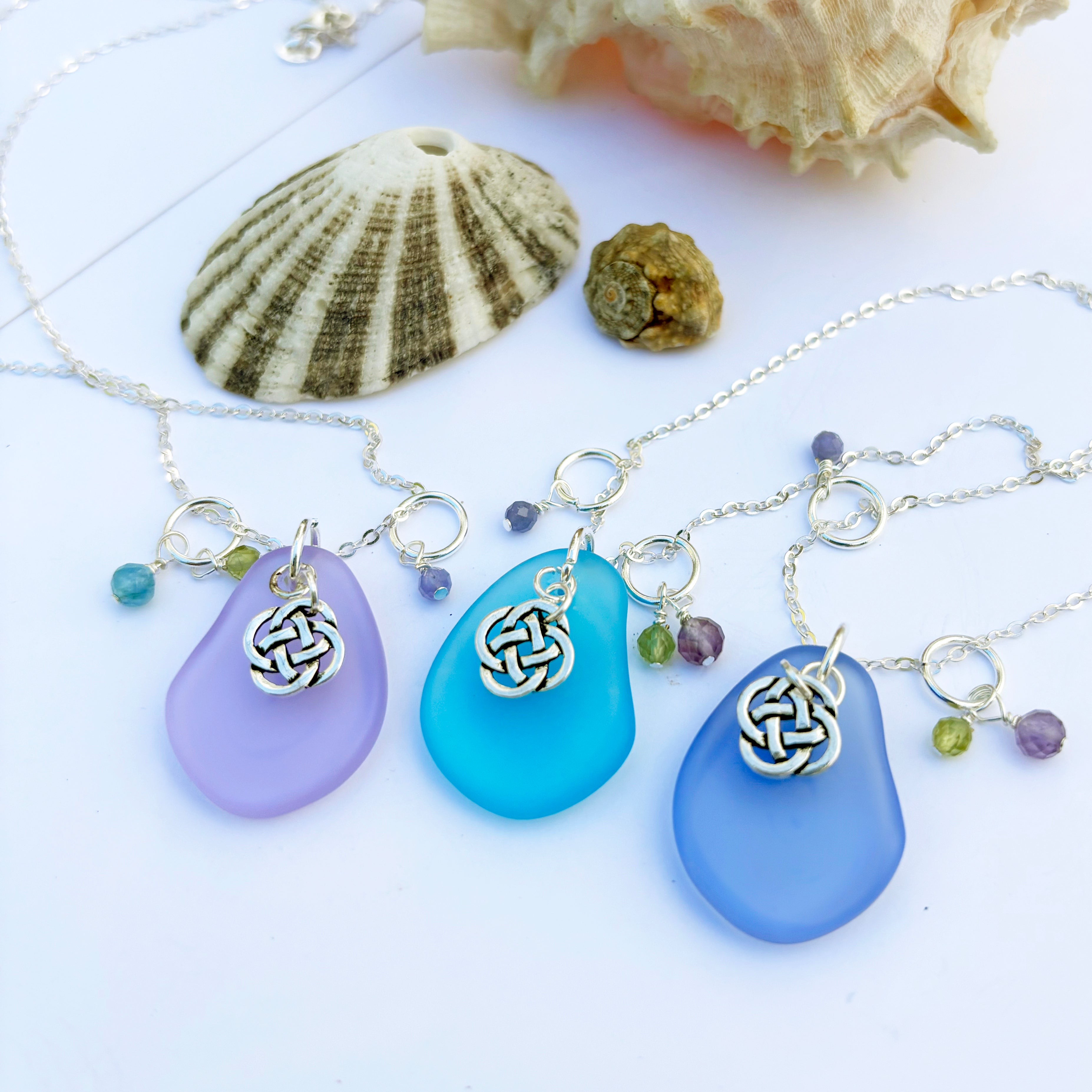 Small Round Celtic Knot with Sea Glass and Real Faceted Gemstones Pendant