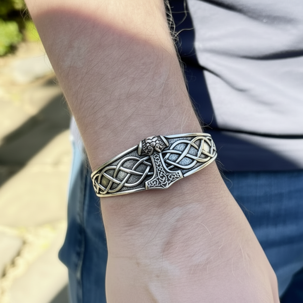 Thor's Hammer Wide Celtic Knot Men's Bracelet
