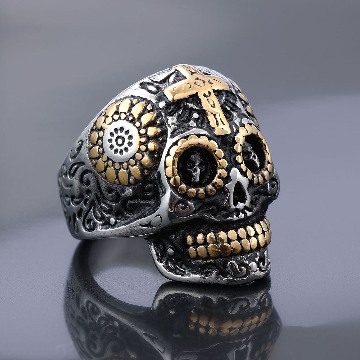 Gold and Silver Day of the Dead Skull Ring