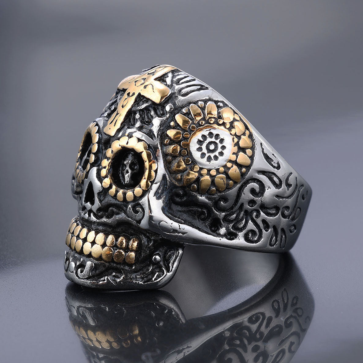 Gold and Silver Day of the Dead Skull Ring