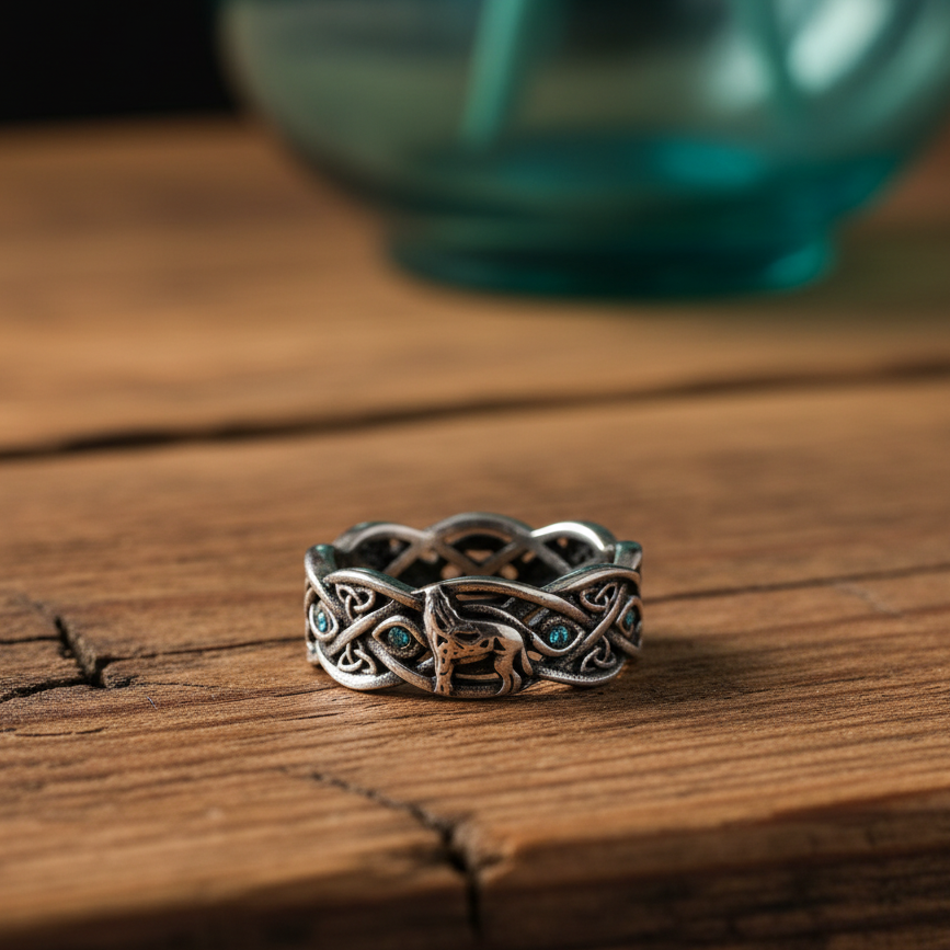 Open Celtic Knot with Faceted Teal Accents Band