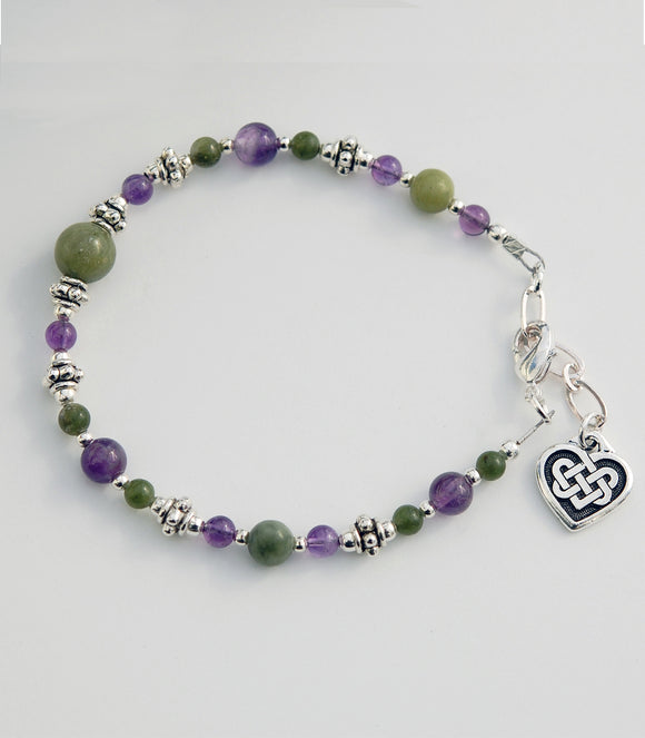 Amethyst and Connemara Marble Bracelet with Celtic Heart Knot.