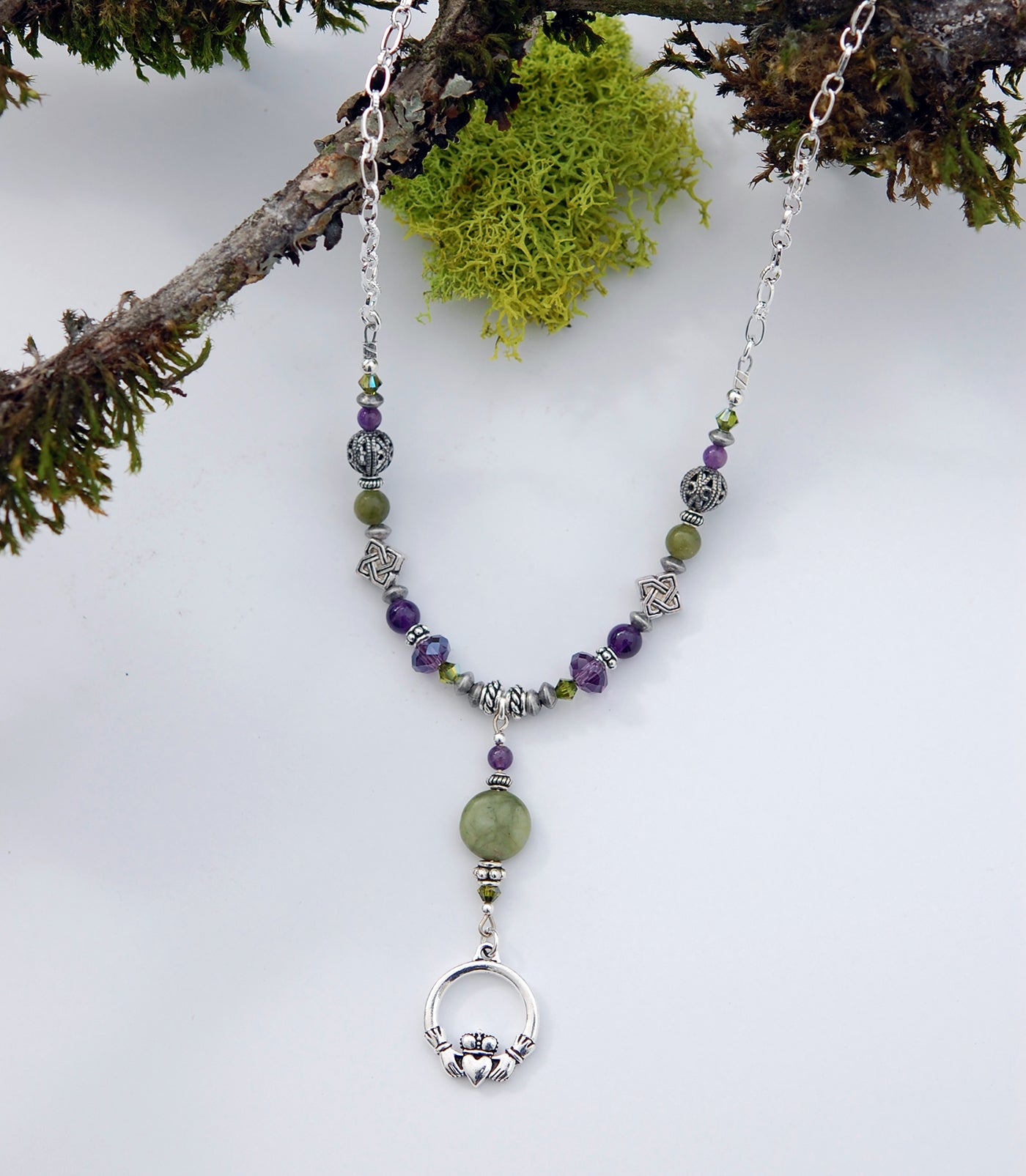 Connemara Marble and Amethyst Gemstone Claddagh Necklace