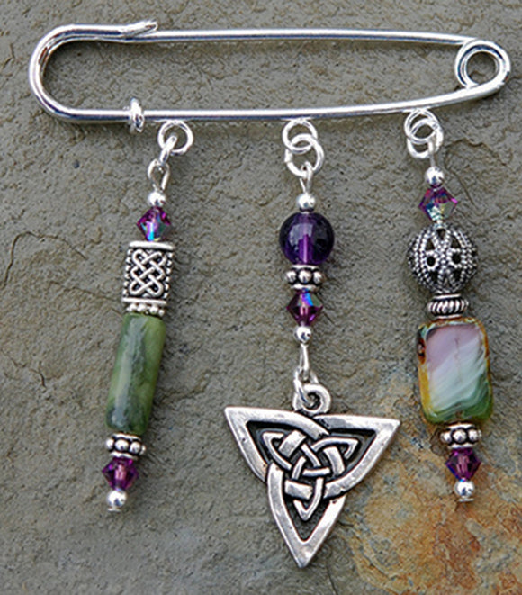 Amethyst and Moss Jade Celtic Knot Pin