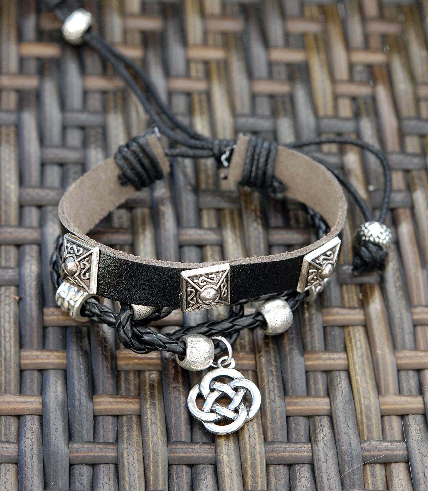 Black Leather Bracelet with 3 Square Details and Round Celtic Knot