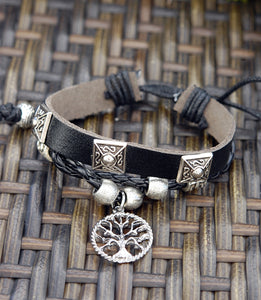 Black Leather Bracelet with Open Tree of Life