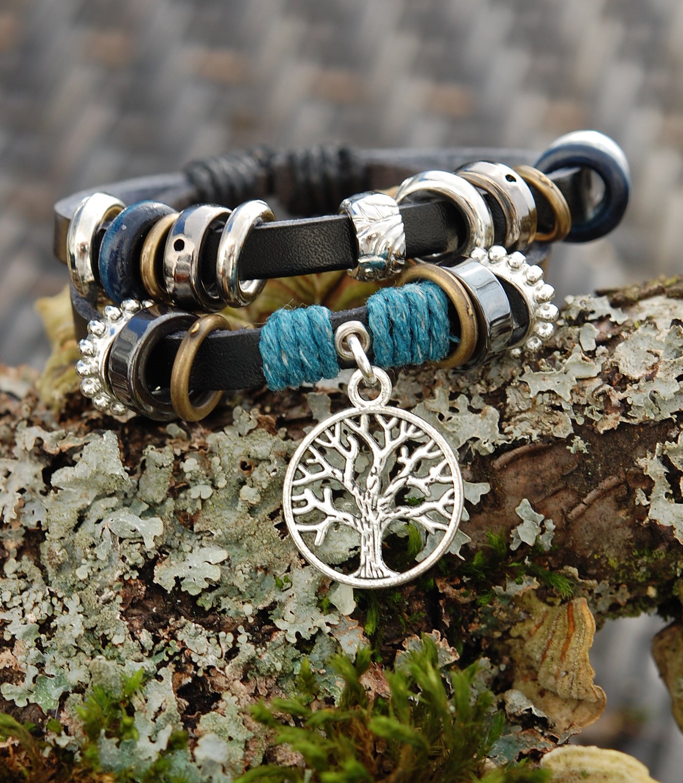 Black Leather Bracelet with Blue and Celtic Tree of Life