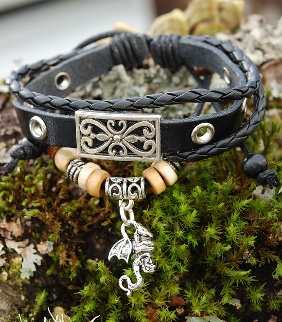 Black Leather Bracelet with Celtic Dragon