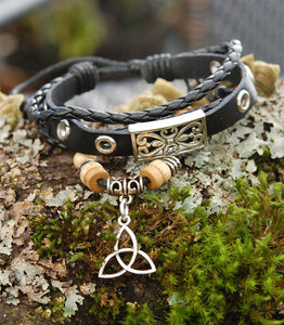 Black Leather Bracelet with Celtic Trinity Knot
