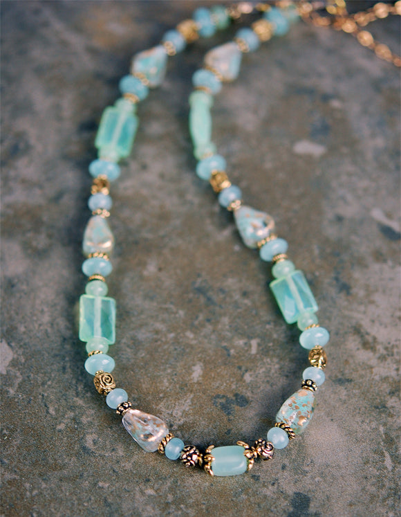 Soft Teal Chalcedony Gemstone and Celtic Spiral Necklace