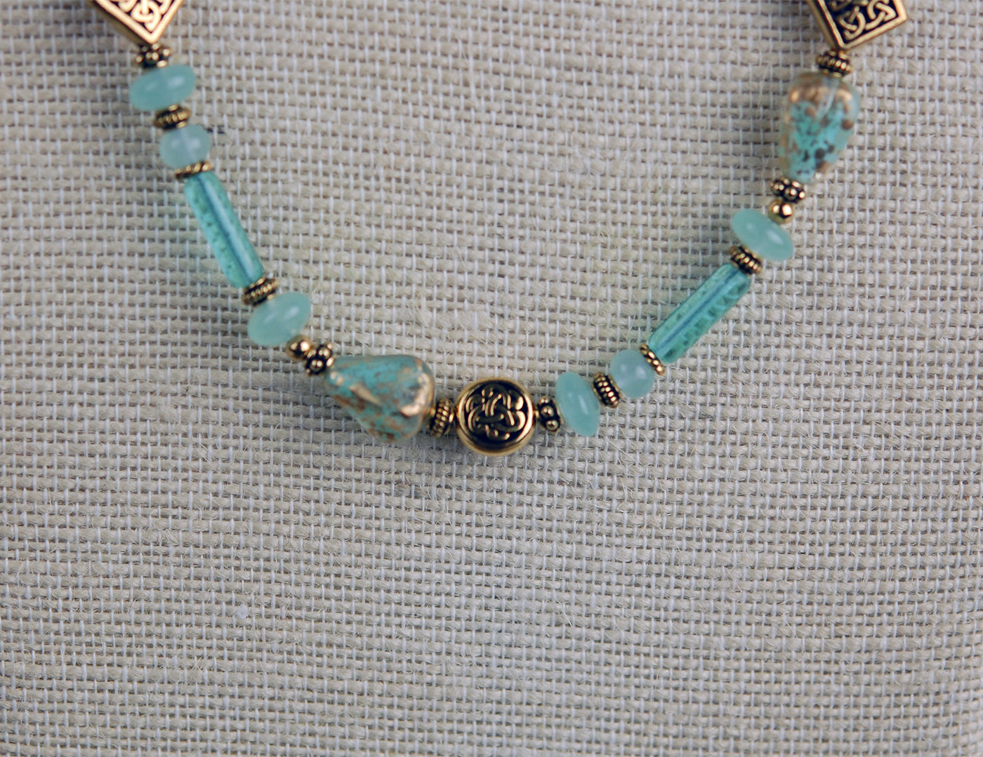 Soft Teal Chalcedony Gemstone with Celtic Knot Beads Necklace