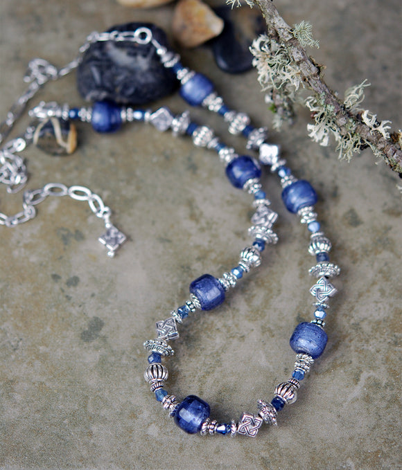 Necklace with Lampwork Beads and Sapphire Gemstones