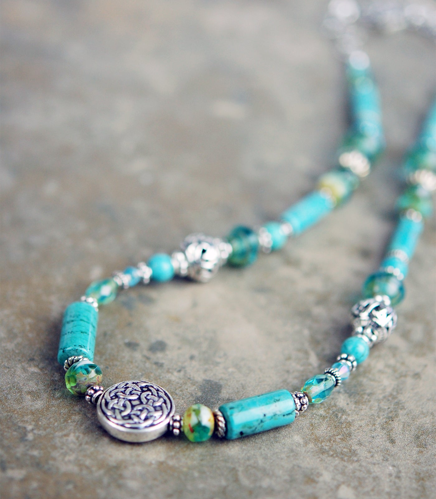 Turquoise and Magnesite Necklace with Celtic Knot