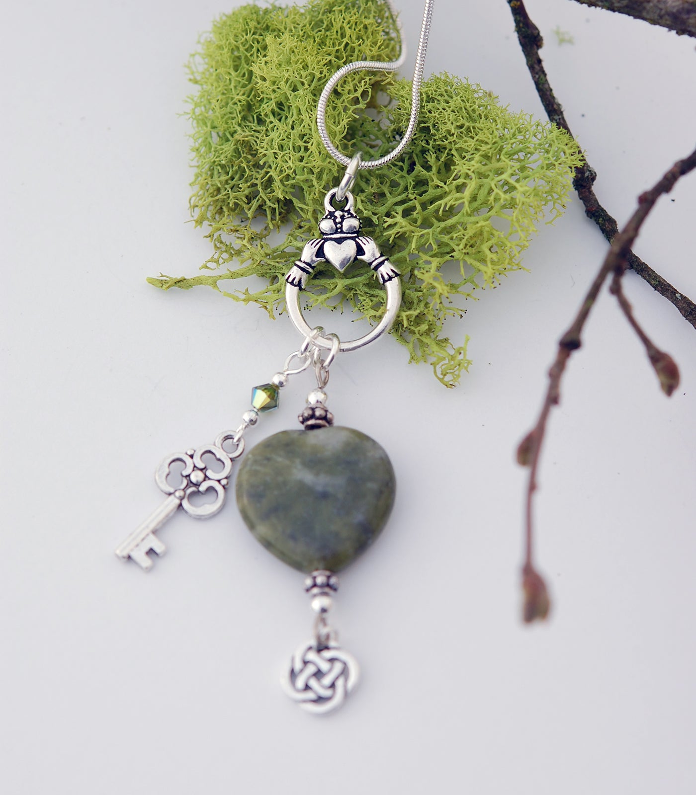 Connemara Marble Heart Pendant with Claddagh