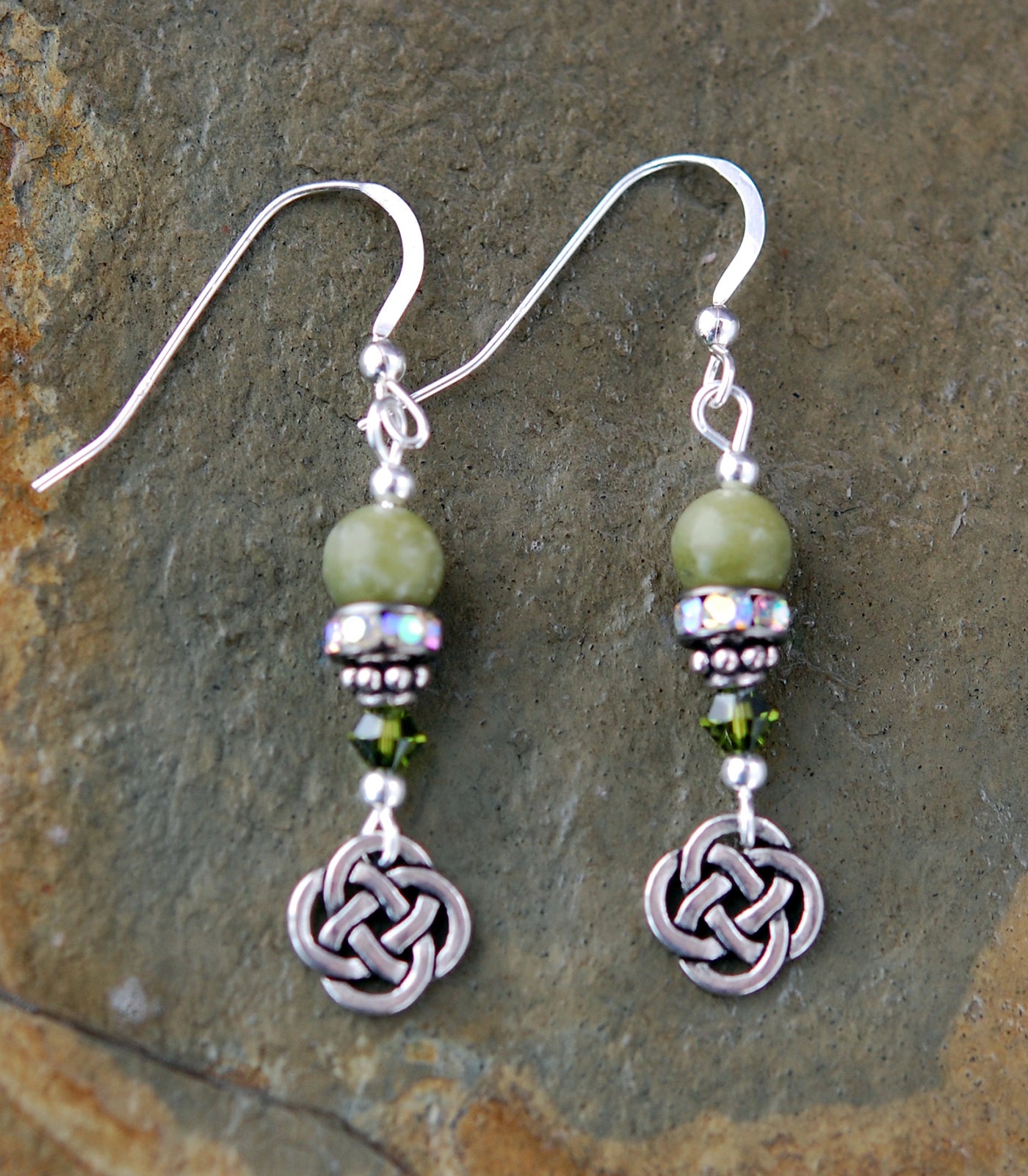 Connemara Marble Round Celtic Knot Earrings with Rhinestones