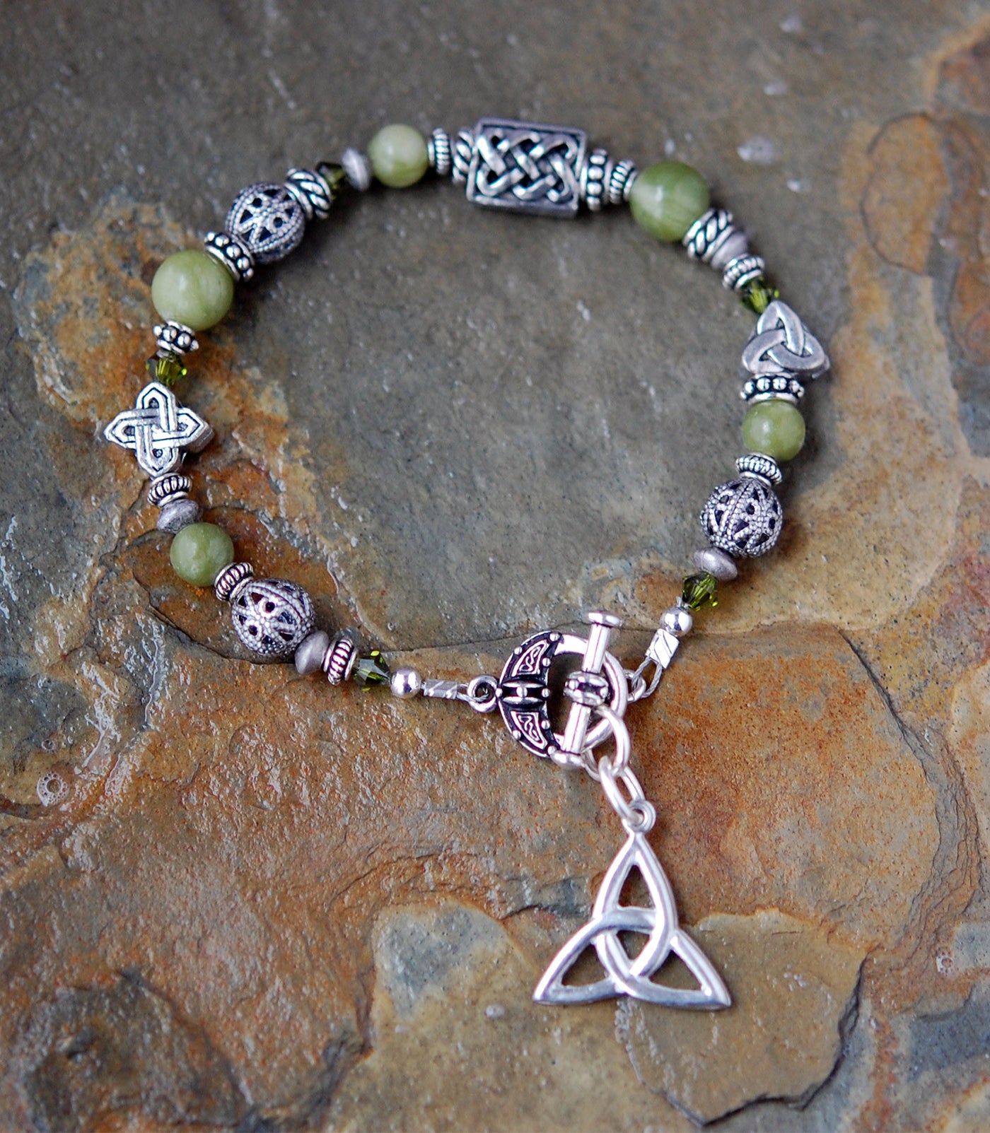Three Celtic Knot Connemara Marble Bracelet with Toggle