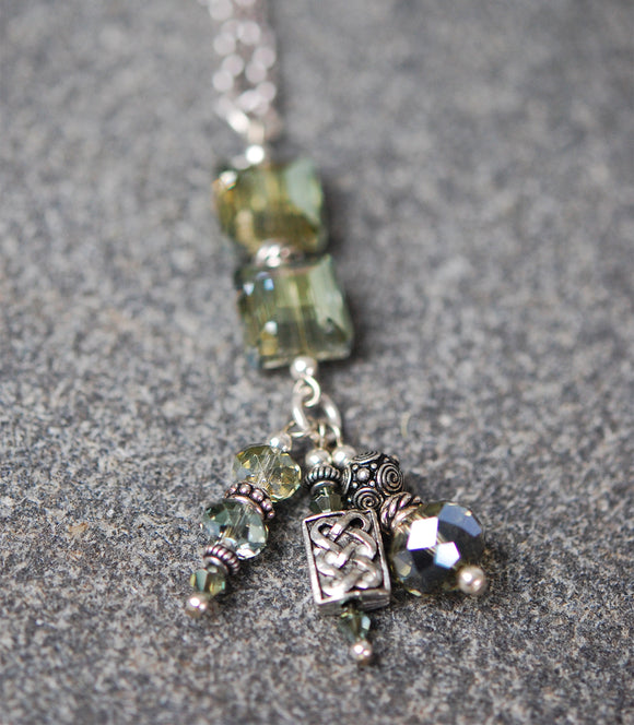 Double stacked Dove Grey Square Crystal Pendant