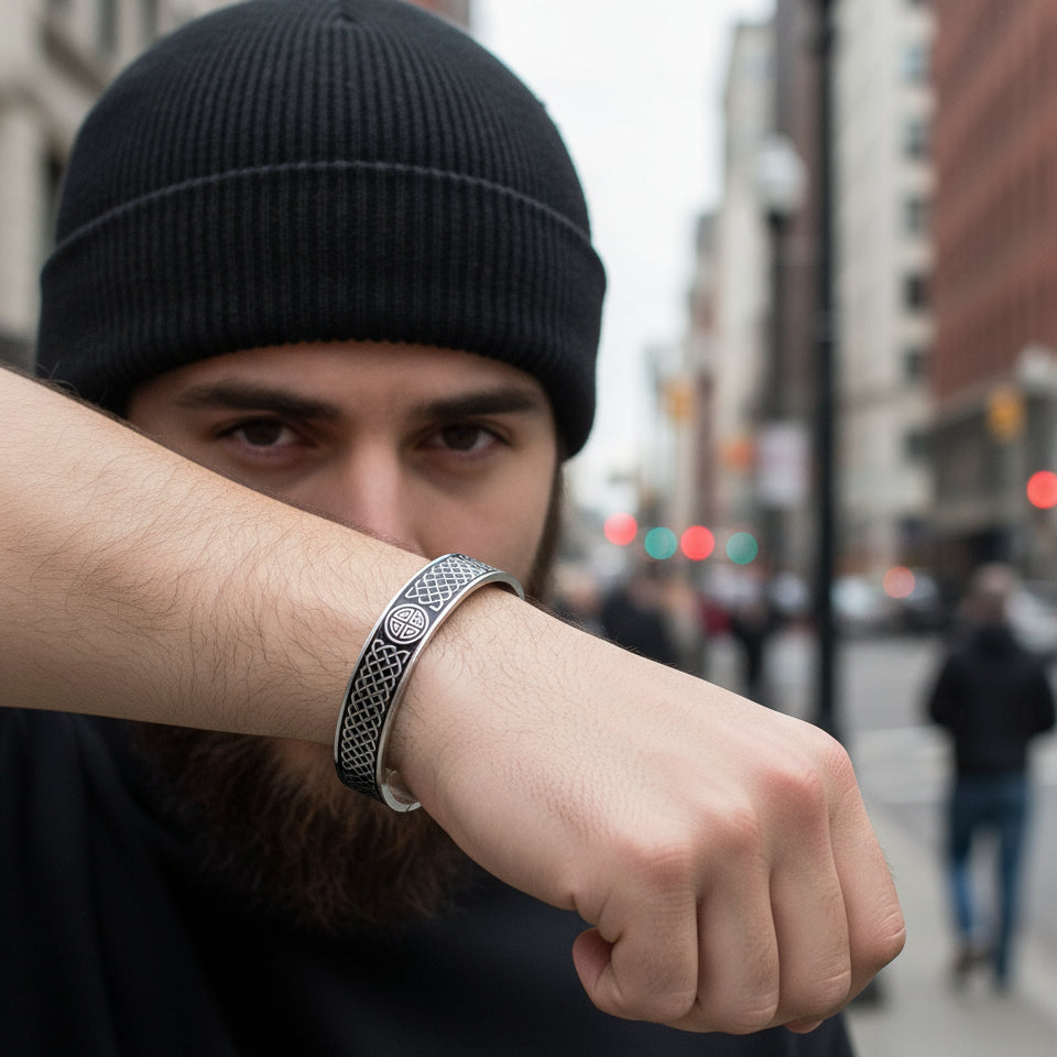 Men's Cuff Bracelet with Rectangle and Round Quad Celtic Knots