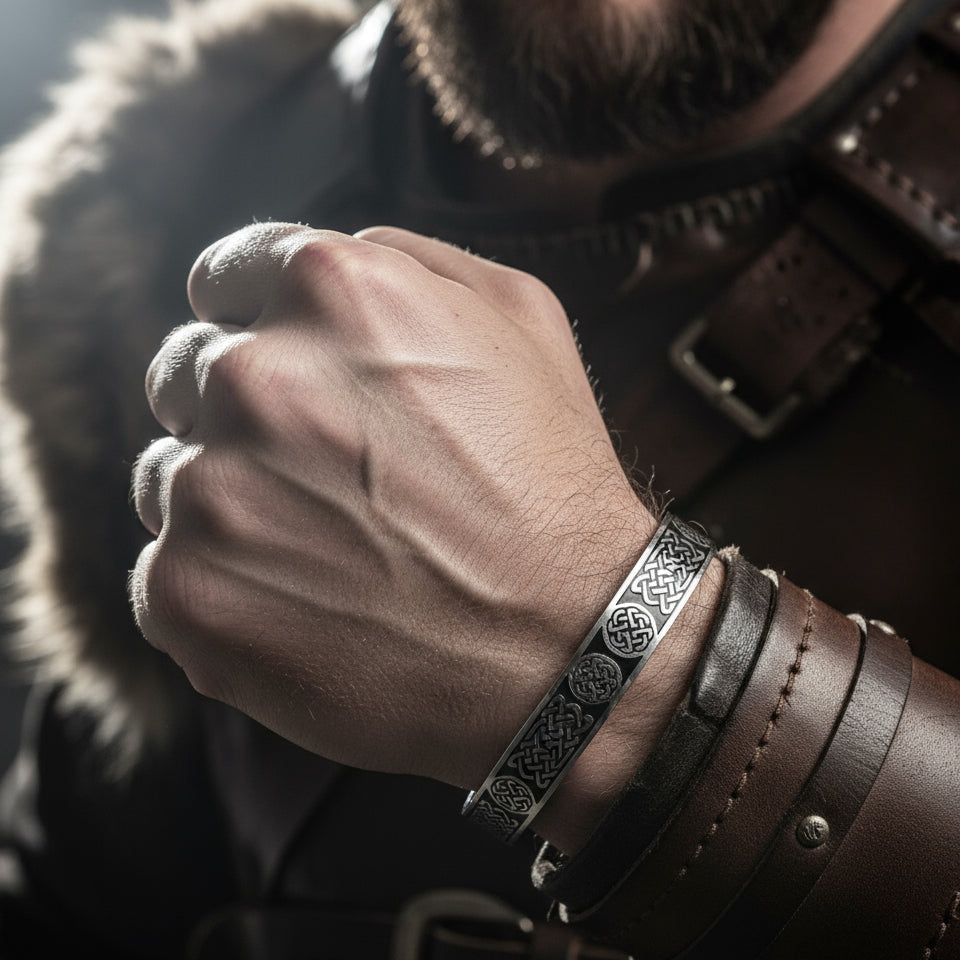 Men's Stainless Steel Cuff Bracelet with Round and Rectangle Celtic Knots