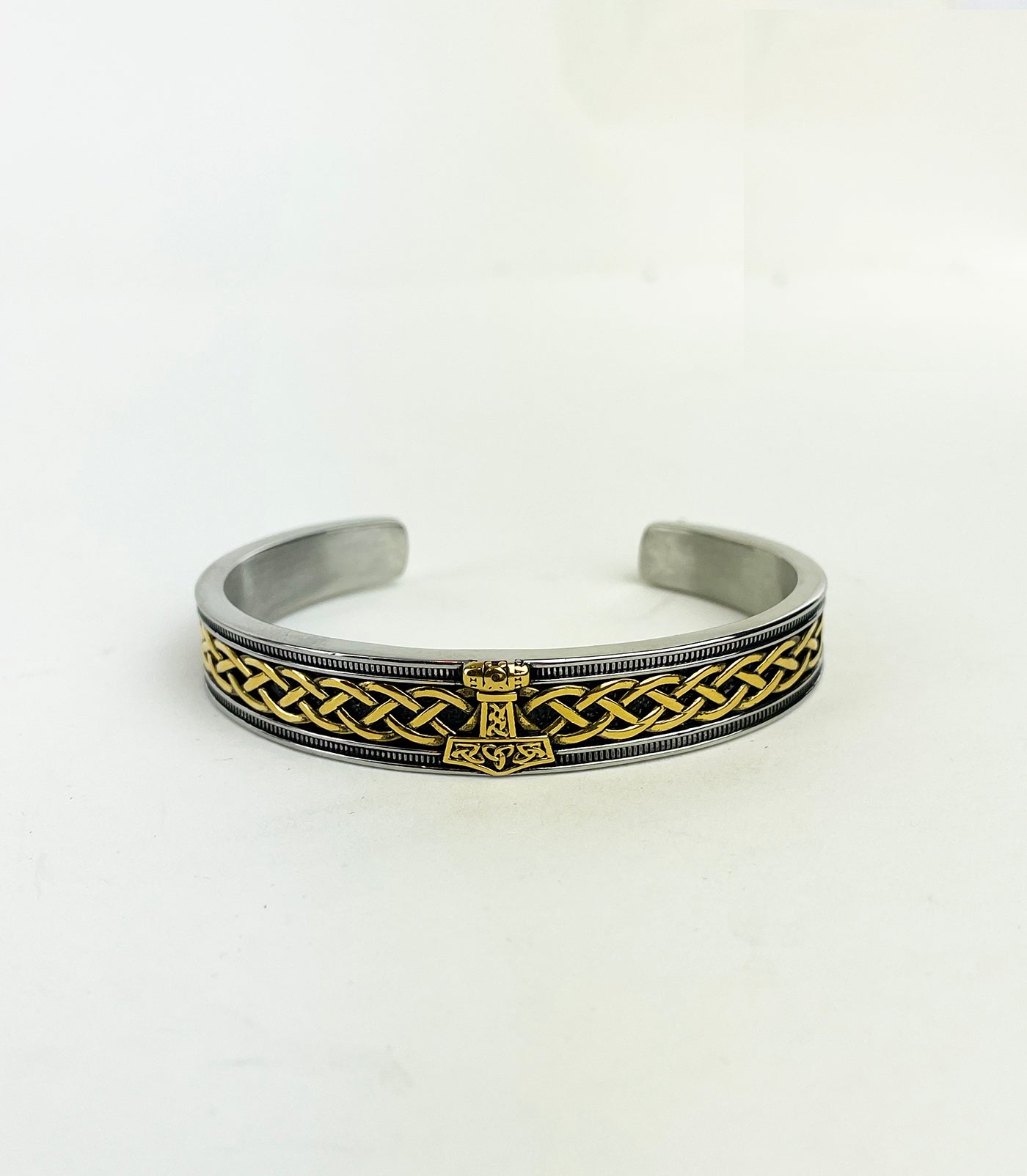Men's Stainless Steel Cuff Bracelet with Thor's Hammer and Celtic Knot in Gold