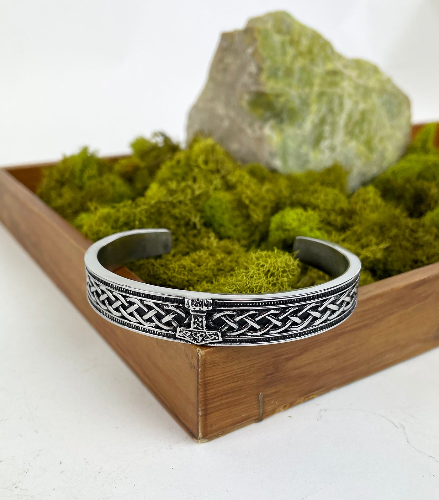 Men's Stainless Steel Cuff Bracelet with Thor's Hammer and Celtic Knot details