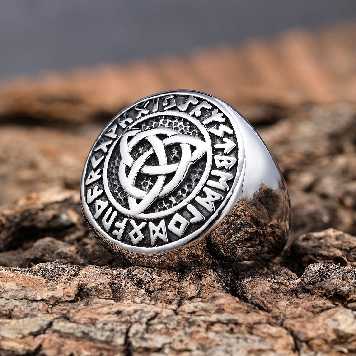Trinity Knot with Runes Symbols Ring