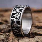 Celtic Knot Band with Twin Wolves and Tri Knot Center Band