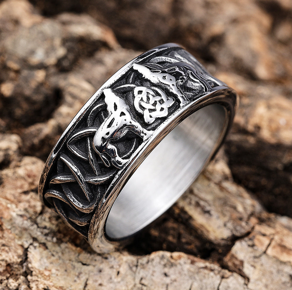 Celtic Knot Band with Twin Wolves and Tri Knot Center Band Ring
