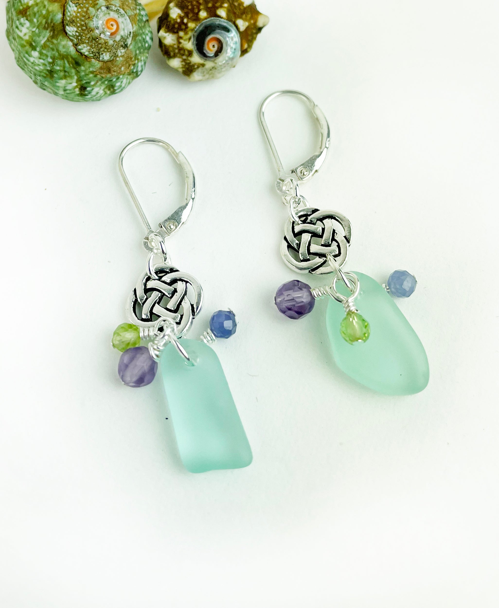 Small Round Celtic Knot with Pebble Sea Glass Earrings with Gemstones