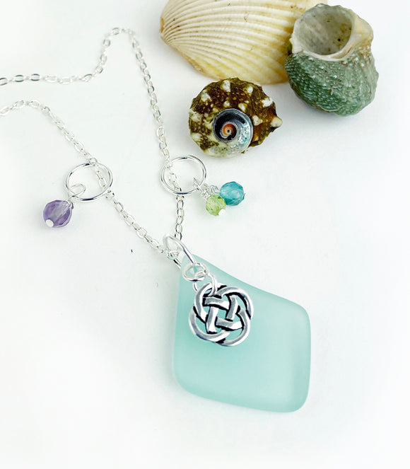 Small Round Celtic Knot with Sea Glass and Real Faceted Gemstones Pendant