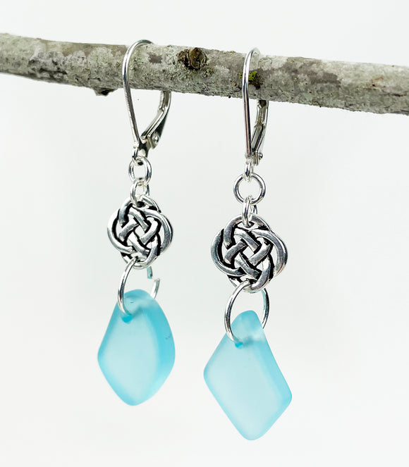 Small Round Celtic Knot with Pebble Sea Glass Earrings