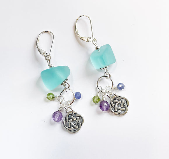Sea Glass Beads with Small Celtic Knot Earrings